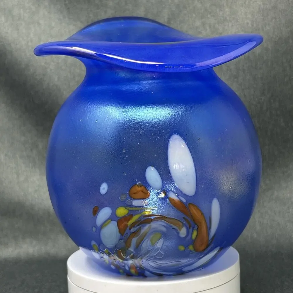 Von Poschinger Germany Blue Iridescent Art Glass Vase Confetti Flared Rim READ